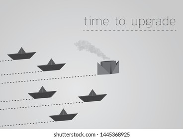 Time to upgrade concept illustration with a folded paper boat and paper steamboat.