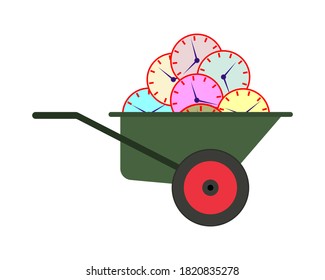 Time use concept. Many mechanical round clocks of different colors in a garden wheelbarrow. Vector illustration isolated on white background.