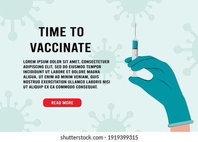 Time To Vaccinate Banner. Doctor Hands Wearing Rubber Glove With Syringe And Needle, Medical Flu Shot Vaccine For The Treatment Of Influenza Virus, Vector Flat Illustration. Vaccination Concept.