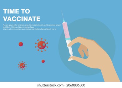 Time to vaccinate banner. Doctor hands wearing rubber glove with syringe and needle, medical flu shot vaccine for the treatment of influenza virus, vector flat illustration. Vaccination concept.