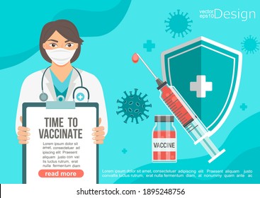 Time to vaccinate banner in female doctor's hands.Call for vaccine use.An injection that protects health.Health care concept in social media campaign,poster,flyer.Vaccination as end of pandemic.Vector