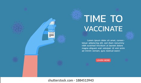 time to vaccinate concept, doctor hands wearing rubber glove with ampule vaccine bottle for the treatment of influenza virus, flat vector illustration