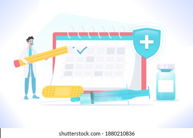 Es hora de vacunar el concepto. Fecha de marcado por el médico en el calendario. Jeringa médica, vial de vacuna y vendaje. Vacunación e inmunización, ilustración vectorial