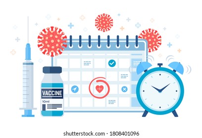 Time to vaccinate concept. Immunization campaign. Vaccine shot. Syringe with a vaccine bottle calendar and virus. Health care and protection. Medical treatment. Flat vector illustration.