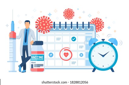 Time to vaccinate concept. Immunization campaign. Vaccine shot. Doctor and syringe with a vaccine bottle calendar and virus. Health care and protection. Medical treatment. Flat vector illustration.