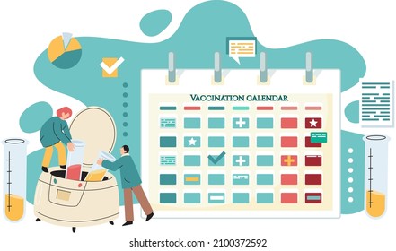 Time to vaccinate concept. Immunization campaign. Vaccination schedule with marks. Doctor and test tube with drug calendar and virus. Health care and protection. Medical treatment with injection plan