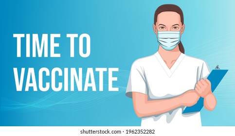 Time to vaccinate concept. Nurse in mask on blue abstract background. Realistic vector illustration