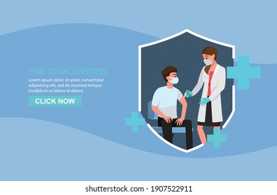 Time to vaccinate concept. People vaccination concept for immunity health. Covid-19. Doctor makes an injection of flu vaccine to man in hospital.,Vector illustration cartoon character