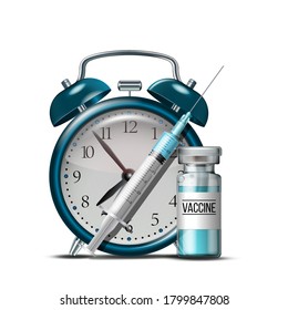 Time to vaccinate concept. Syringe, bottles of vaccine and alarm clock.