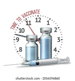 Time to vaccinate concept. Syringe, bottles of vaccine and Timer clock. Coronavirus vaccination and immunization concept. Fight pandemic. Realistic vector illustration isolated on white