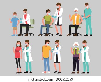 Time to vaccinate concept. Vaccination of people from coronavirus COVID-19., flu or influenza shot or taking blood test with a needle,Vector illustration cartoon character.