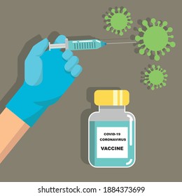 Zeit zum Impfen Konzept Vektorgrafik Doktor Hand mit Gummihandschuh mit Spritze und Nadel Covid-19 Impfstoffflasche Behandlung der Coronavirus-Immunisierung Corona-Virus Symbole flache Kunst