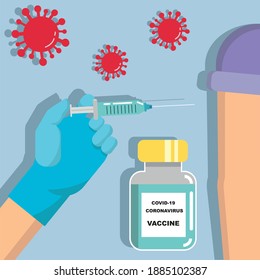 Time to vaccinate concept vector illustration Doctor hand wearing rubber glove with syringe and needle Covid-19 vaccine bottle treatment of coronavirus, human arm ready for immunization