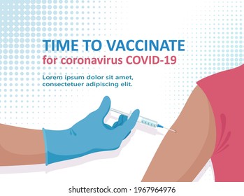 Time to vaccinate for coronavirus COVID-19. Vaccine and vaccination against coronavirus, COVID-19, virus. Hand of doctor or nurse in medical glove makes vaccine against coronavirus. Vector