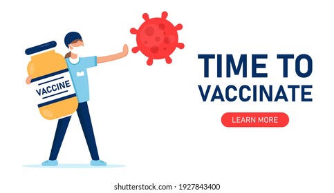 Time to vaccinate. Covid-19. Coronavirus. Fighting the virus. A girl with a bottle of vaccine stops the spread of the virus. Illustration for medical publications. Preventive medicine. Web banner.