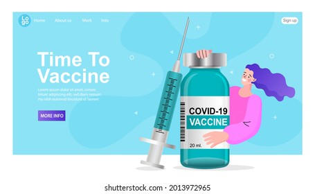 Time to vaccinate. Covid-19. Coronavirus. Fighting the virus. Preventive medicine. woman with tube and syringe with injection from coronavirus. Vector illustration.