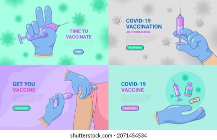 Time to vaccinate, Covid-19 vaccine web banners set. Vaccination of people against disease. Doctor making injection of antiviral vaccine landing page vector illustration