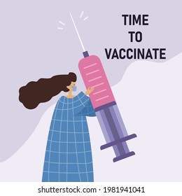 Time to vaccinate. Doctor carrying big syringe injecting. Vector hand drawn illustration.