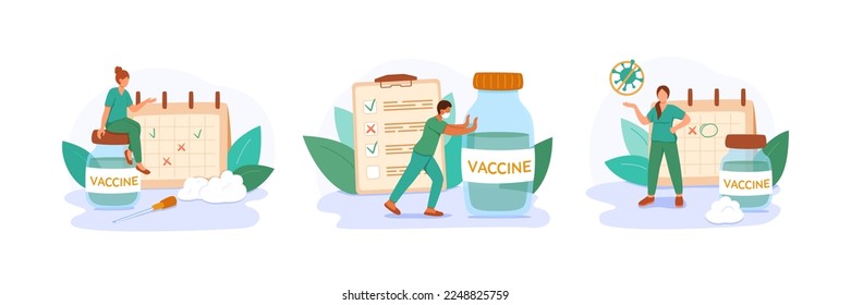 Time to vaccinate. Doctors fight diseases and viruses and make vaccination schedules. Nurse takes care of people's health. Illustration in flat cartoon style. Vector