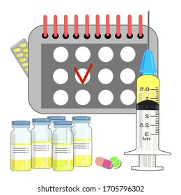 Time to vaccinate. Flat concept of a syringe with a vaccine. A bottle of medicine. Isolated. Vaccination calendar. Vector