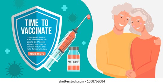 Time to vaccinate grandparents banner.Call for vaccine use.Injection that protects health.Health care concept in social media campaign,flyer.Coronavirus 2019 nCoV disease defeat,end of pandemic.Vector