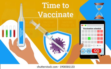 Time to vaccinate. Horizontal banner with hand holding medical vaccine,syringe,virus sign.Disease prevention Covid - 19. Tablet, beaker. Stock vector illustration on blue isolated background.