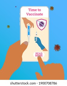 Time to vaccinate. Horizontal banner with hand holding medical vaccine,syringe,virus sign.Disease prevention Covid - 19. Smartphone. Stock vector illustration on blue isolated background.