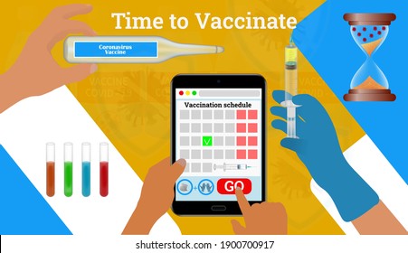 Time to vaccinate. Horizontal web banner with hand holding medical vaccine,syringe,virus sign.Disease prevention Covid - 19. Stock vector illustration on blue and yellow isolated background.