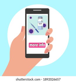 Time to vaccinate illustration perfect for web design, banner, mobile app. Hand holding mobile phone with icon of bottle vaccine and syringe.