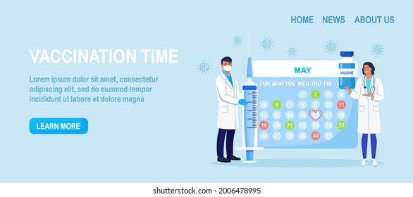 Time to vaccinate for immunization against coronavirus. Doctor and nurse hold syringe and vaccine bottle, ampoule. Vaccination calendar for covid 19. Vector illustration