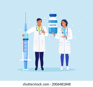 Time to vaccinate for immunization against coronavirus. Doctor and nurse hold syringe and vaccine bottle, ampoule. Vaccination for covid 19. Vector illustration