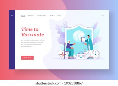 Time to vaccinate. Landing page banner vector template. Male medical practitioner with clipboard and syringe visiting senior female patient against huge shield with Earth symbol. Vaccination compaign