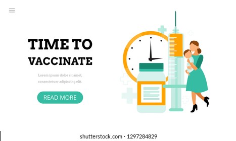 Time to vaccinate. Landing page template. Modern flat concept for web design. Vector illustration with vaccine, bottle and mom with baby.