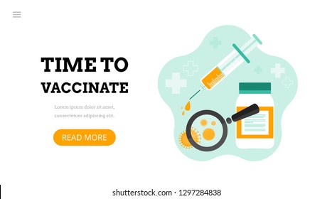 Time to vaccinate. Landing page template. Modern flat concept for web design. Vector illustration with syringe with vaccine, bottle and virus.