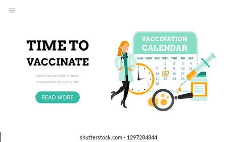 Time to vaccinate. Landing page template. Modern flat concept for web design. Vector illustration syringe with vaccine, bottle, virus, vaccination calendar and doctor.