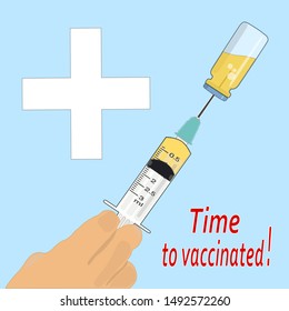 Time to vaccinate. Landing page template. Modern flat concept for web design. Vector illustration with syringe with vaccine, bottle . Vector