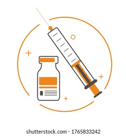 Time to vaccinate. Landing page template. Modern flat concept for web design. Vector illustration with syringe with vaccine, bottle and virus.