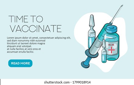 Time to vaccinate. Landing page template. Flat cartoon concept for web design. Vector illustration. Ampule, Syringe with vaccine. 