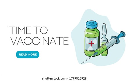 Time to vaccinate. Landing page template. Flat cartoon concept for web design. Vector illustration. Ampule, Syringe with vaccine. 