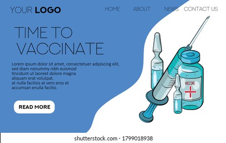 Time to vaccinate. Landing page template. Flat cartoon concept for web design. Vector illustration. Ampule, Syringe with vaccine. 