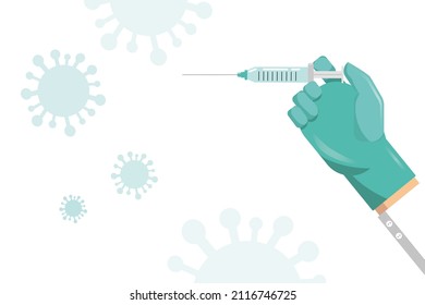 Time to vaccinate. Landing page template. Flat vector illustration for web design. Coronavirus concept design. Doctor's hand with vaccine syringe. covid-19 virus icons. Health concept banner template.