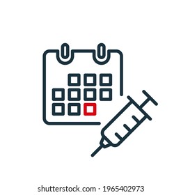 Time to Vaccinate line icon. Calendar with Syringe. Vaccine for Influenza, Measles, Covid or Coronavirus. Vaccination against Coronavirus. Editable Stroke. Vector illustration.