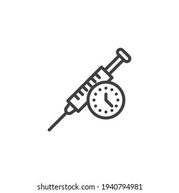 Time to vaccinate line icon. Syringe and clock linear style sign for mobile concept and web design. Vaccination time outline vector icon. Symbol, logo illustration. Vector graphics