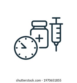 Time to Vaccinate line icon. Syringe with Vaccine, Clock. Vaccine for Influenza, Coronavirus. Syringe, Bottle of Vaccine icon. Vaccination against Coronavirus. Editable Stroke. Vector illustration.