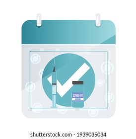 
Time to vaccinate. A loose-leaf calendar on which a vaccine and a syringe are drawn. Coronavirus vaccination concept
