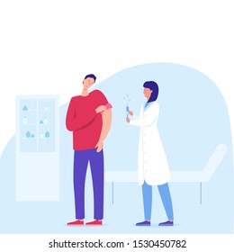 Time to Vaccinate. Man Patient Having Vaccine from Flu, Influenza, Virus Disease Shot Injection Concept. Flat Cartoon Vector Illustration