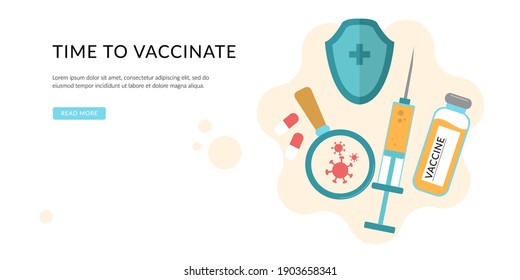Time to vaccinate. Prevention injection, immunization. Coronavirus infection treatment. Landing page template. Modern flat concept for web design.
