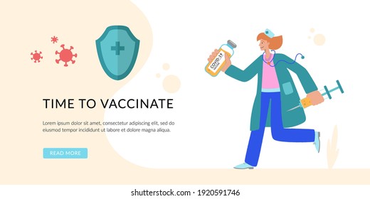 Time to vaccinate. Prevention injection, immunization. Coronavirus infection treatment. Landing page template. Flat concept for web design. A nurse with a large syringe and a vaccine runs to help.