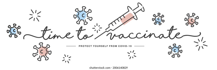 Time To Vaccinate Protection From Coronavirus Covid 19 Infection Handwritten Line Design Info Graphic White Isolated Background Banner