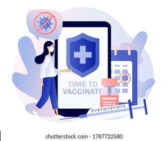 Time to vaccinate reminders in the smartphone app. Vaccination concept. Tiny girl doctor with vaccine, syringe, bottle and calendar. Modern flat cartoon style. Vector illustration on white background